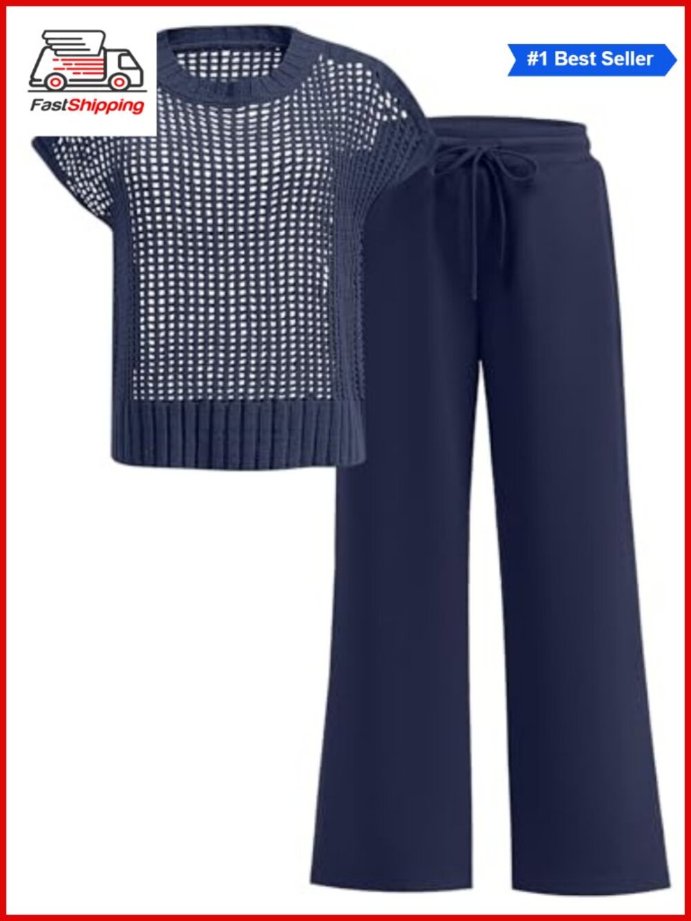 ✨OUKODS Women 2 Piece Crochet Sheer Knit Sweater Top & Wide Leg Pants Lounge Set